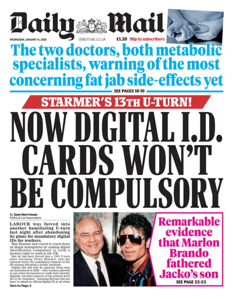 The headline on the front page of the Daily Mail reads: "Now digital ID cards won't be compulsory."