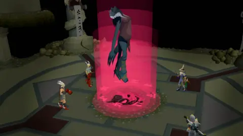 Jagex The four characters from the gate earlier stand around a large circle on the ground, seemingly deep inside a dark dungeon. In the middle of them, a red circle with glyphs is lit up, and above it a very large demonic character with red eyes is floating as if they had been summoned. 
