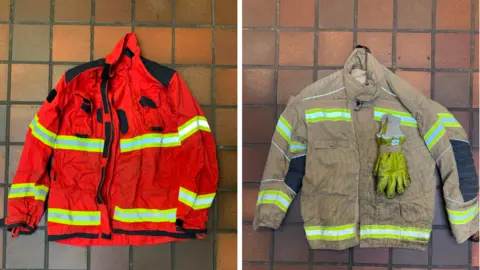 A collage of two images showing full firefighter PPE and the lighter PPE side to side on a tile floor. The full PPE has a glove on top of it.