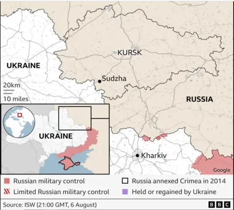 Map showing Russia's western Kursk region and Ukraine's north-eastern Kharkiv region 