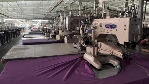 Ed Habirchon / BBC Industrial Sewing Stroke located on a purple cloth. In the backgrounds, dozens of other similar machines can be seen in a warehouse - no one works in machines.