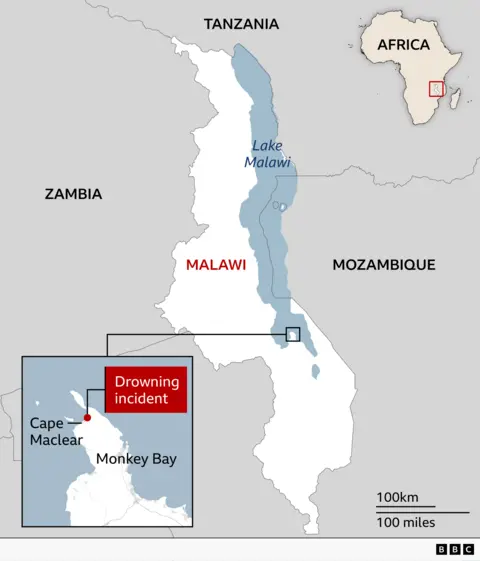 Map showing the location of a pupil drowning near Cape Maclear on the southern shore of Lake Malawi in southern Malawi. Malawi is a country in southeast Africa. The map also labels the nearby town of Monkey Bay. Neighbouring countries are shown in grey, with Malawi highlighted in the centre
