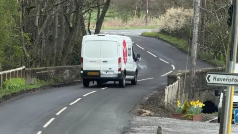 A white van is crossing a small bridge with lane markings running up the middle of it. The van is having to drive towards the middle of the road over the markings as the bridge is small. Just before the bridge the road curves and there is a driveway with daffodils in a planter.