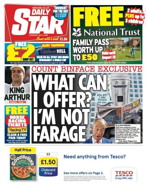 The headline for the front page of the Daily Star reads: 'What can I offer? I'm not Farage.'