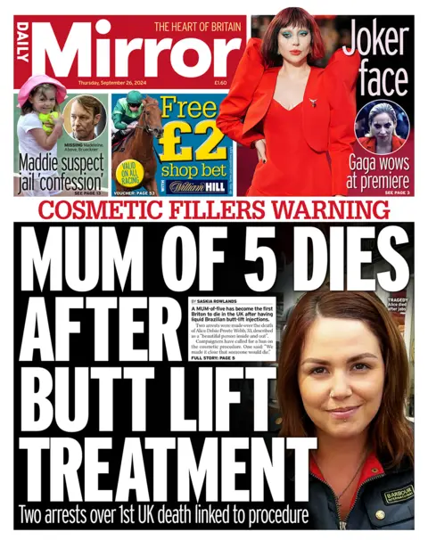 A primeira página do Daily Mirror. A manchete diz: “Mãe de cinco filhos morre após tratamento para lifting de bunda”.