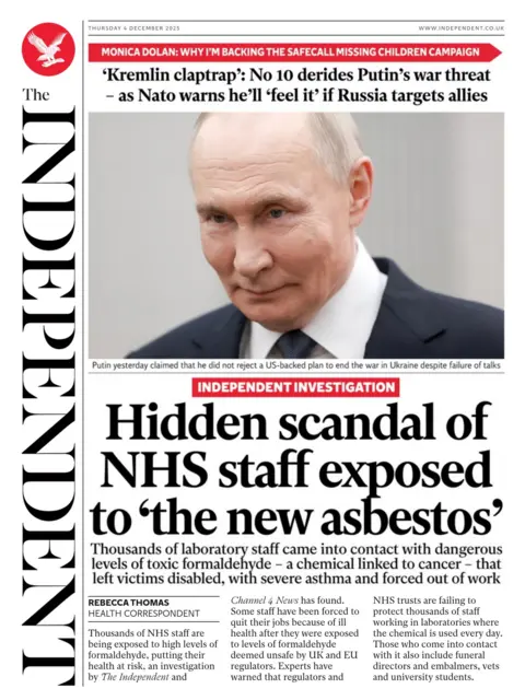 "Hidden scandal of NHS staff exposed to 'the new asbestos'," reads the headline on the front page of the Independent.