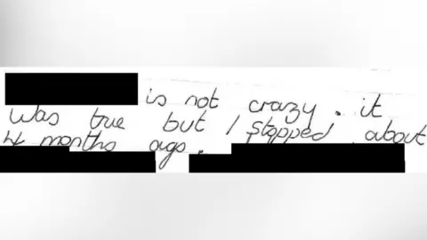  "Is not crazy. It was true but I stopped about 4 months ago". Several parts, including the first word, are redacted to protect the victim's identity.