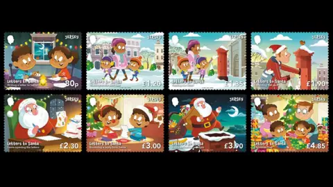 Jersey Post A set of eight colourful illustrated postage stamps from Jersey, themed around "Letters to Santa". Each stamp depicts a different festive scene.