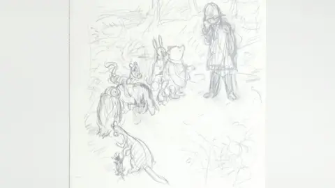A pencil sketch of Christopher Robin, Pooh bear, Roo, Owl, Tigger and Rabbit