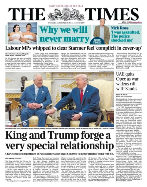 The headline on the front page of the Times reads: "King and Trump forge a very special relationship."
