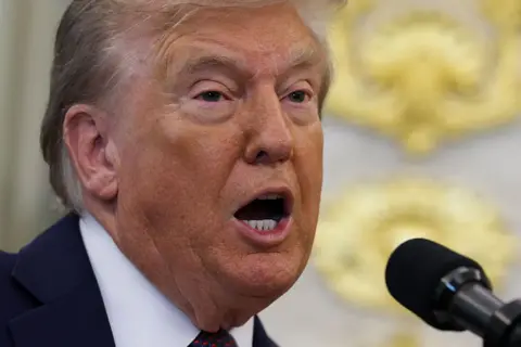 Trump speaks into a mic in the White House. 