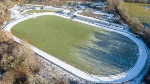 Getty Images The oval track at Valley Stadium in Ystrad Mynach from an aerial drone shot.