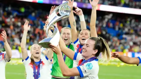 Nick Potts (PA) A female football player lifts a trophy in celebration as she smiles with her team-mates celebrating around her