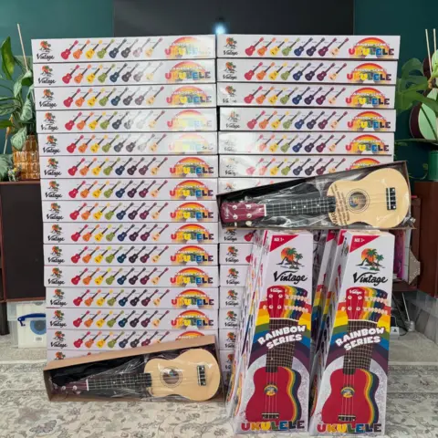 Jamie Donnelly Two stacks of boxed each of ukuleles with more ukuleles placed in front on the floor in a room. There are two plants in the background.