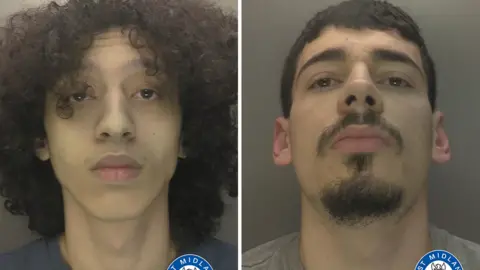 Mugshots of two men staring at the camera. On the left, the man has brown, curly hair and the man on the right has short brown hair, a beard and moustache.