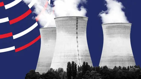 Cooking towers of nuclear power plants against the backdrop of Australia's election colours, red and blue. 