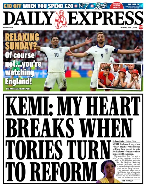 The headline on the front page of the Daily Express reads: “Kemi: My heart breaks when Tories turn to Reform