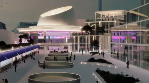 An artist's impression of a modern white station building with large planter areas and food stalls in front of a large glass-fronted building.