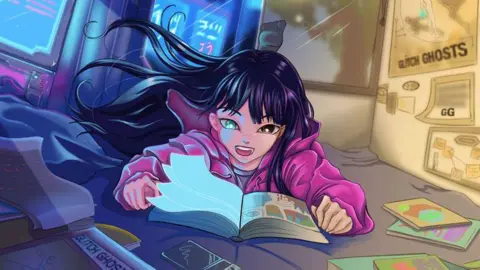 A cartoon image showing a girl with dark hair flowing behind her, wearing a pink jacket and bending over a book. Other books are scattered in front of her and to the side. She is sitting in a room.