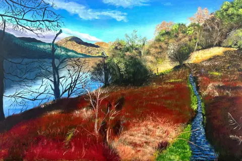Robert Marshall A painting by Robert showing a path going through red grass. There is water on the left and hills in the background. There are many green trees.