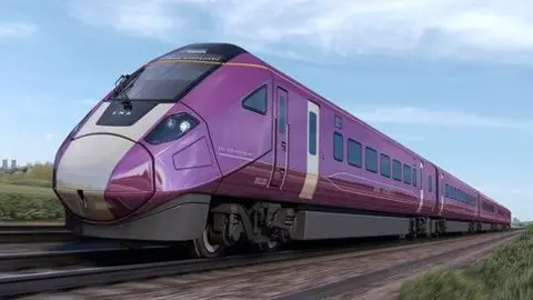 Artist's impression of a modern-looking purple high speed train speeding along a track