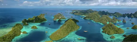 Global Witness The aerial image shows dozens of tree-covered limestone peak islands in turquoise blue seas. This is Wayag, in Raja Ampat, which is a tourism hotspot.