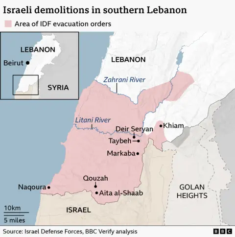 An annotated map showing the locations of seven villages and towns in southern Lebanon where Israeli demolitions took place. It also shows a red area which represent the locations of the IDF evacuation notices.