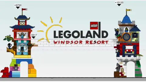 A planning drawing which shows what the new Legoland Windsor Resort sign will look like, with Lego figures in two towers that look like they have been built from Lego bricks.