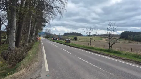 Steven Brown A road in Moray with trees up one side and fields to the other with a house in the distance