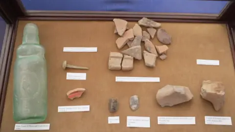 The green bottle and carefully labelled pieces of broken pottery, stones and a nail on are in a cabinet. 