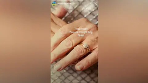 Social media A hand wearing rings on her ring finger posted on a social media story and a caption that reads "These rings. Please do the right thing. Please"