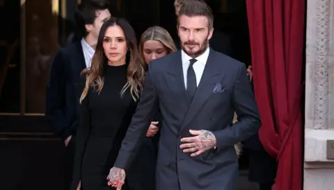 Getty Images Victoria Beckham and David Beckham and family leaving their hotel during Haute Couture Spring Summer 2026 as part of Paris Fashion Week on January 26, 2026 in Paris, France. 