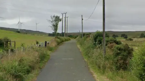 Google Rural road with fields on either side with windmills in the background and telephone lines overhead. 