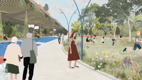 Artist's impression of a new green space underneath a former flyover. People are walking along a path with a basketball court to one side and trees and shrubs planted on the other. The flyover has shrubbery hanging down from its sides, and a yellow painted zig zag design on its underside.