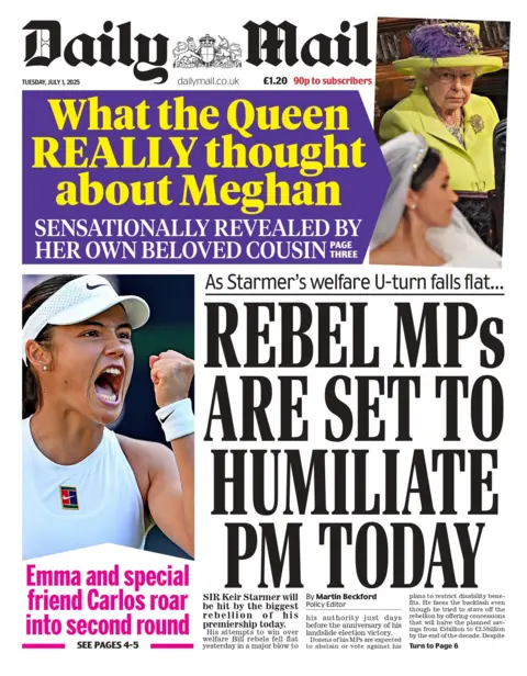 "Rebel MPs are set to humiliate PM today" reads the front page of the Daily Mail.
