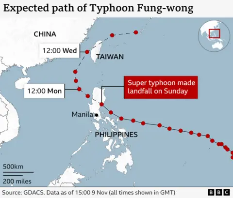 A graphic shows the past and projected path of Typhoon Fung-wong, which made landfall as a super typhoon in the Philippines on Sunday. It is expected to move northwesterly overnight into Monday and then cross Taiwan on Wednesday.