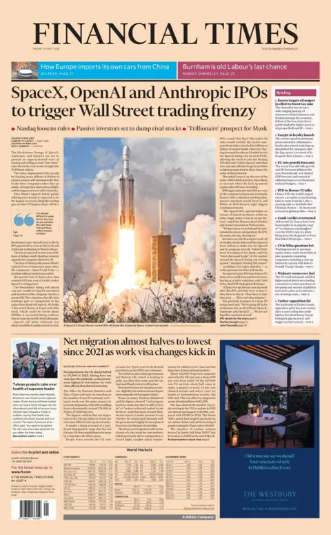 "SpaceX, OpenAl and Anthropic IPOs to spark Wall Street trading;" reads the headline on the front page of the Financial Times.