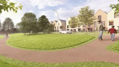 Wychavon Town An artist's impression of parkland, showing a large green field, several trees, and pedestrians, as well as a lady running and a cyclist.