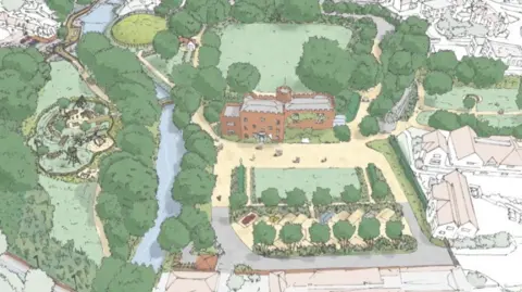 Hertford Town Council A sketch shows what the site will look like once the work is finished. It features a new play area and riverbanks will be restored.
