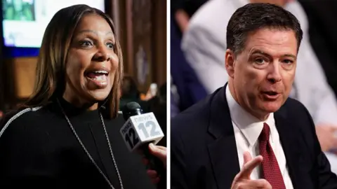 Reuters A split of Letitia James on the left in a black top and silver chain, and James Comey on the right with a red tire and dark suit coat. They are both at chest height and appear to be mid-conversation. She is speaking into a TV news mic and he appears to be surrounded by people