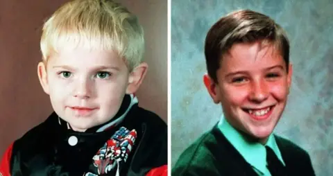 PA Media A composite of professional photos of Jonathan (left) and Tim (right). Jonathon has blonde hair and wears a black and red jacket. Tim has brown hair and wears a school shirt, tie and jumper.
