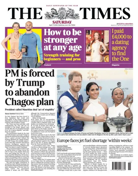 The headline on the front page of the Times reads: "PM is forced by Trump to abandon Chagos plan."