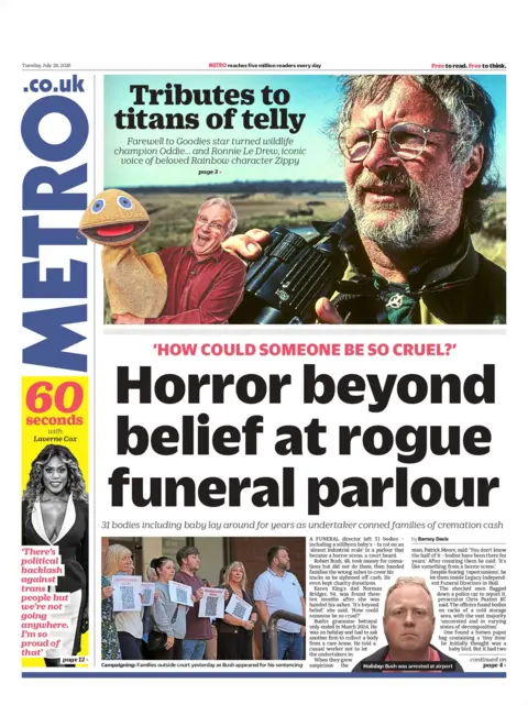 "Horror beyond belief at rogue funeral parlour," reads the headline on the front page of the Metro.