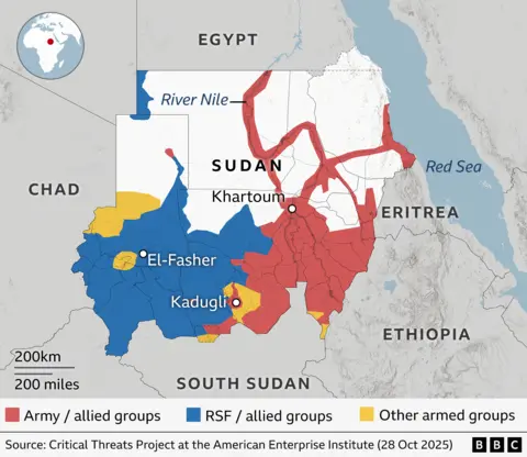 Map of Sudan showing territorial control as of 28 October 2025. Areas controlled by the army and allied groups are marked in red, RSF and allied groups in blue, and other armed groups in yellow. Key cities such as Khartoum, el-Fasher and Kadugli are labelled . The Nile River is also depicted. Source: Critical Threats Project at the American Enterprise Institute.