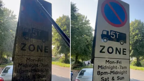 The Sign Guy A before an after image of a road sign giving a no waiting order. On the left it is covered in thick black dirt and hard to read, it is clean on the right.