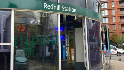 The main entrance to Redhill railway station.