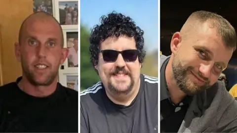 A composite image of the three men who lost their lives in the road crashes. From left to right: Potter with short dark hair and a beard. Kerbache has short black curly hair, black moustache and beard with an adidas t-shirt. Prokopiuk has short brown hair, beard and moustache. And is wearing a dark shirt and blazer.