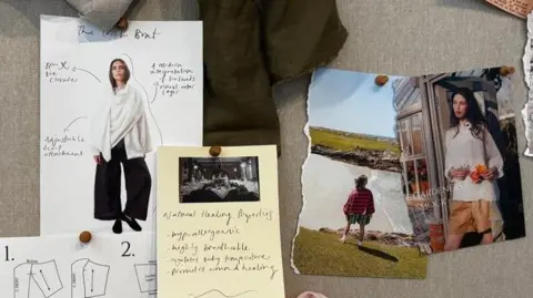 To the left of the photograph there are sketches of a shawl and to the right of the photograph are two pictures of people modelling clothes from the collection. They are well pinned to a light grey board. 