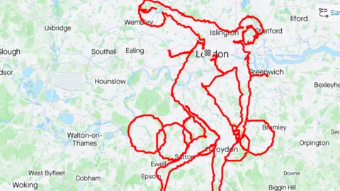 Nico Georgiou/Strava Strava map showing route in the image of a discus thrower with the olympic rings