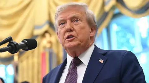 Donald Trump looks up while speaking into a microphone during a press briefing in the White House on 2 September, he's wearing a suit and tie with an American flag badge on his lapel.